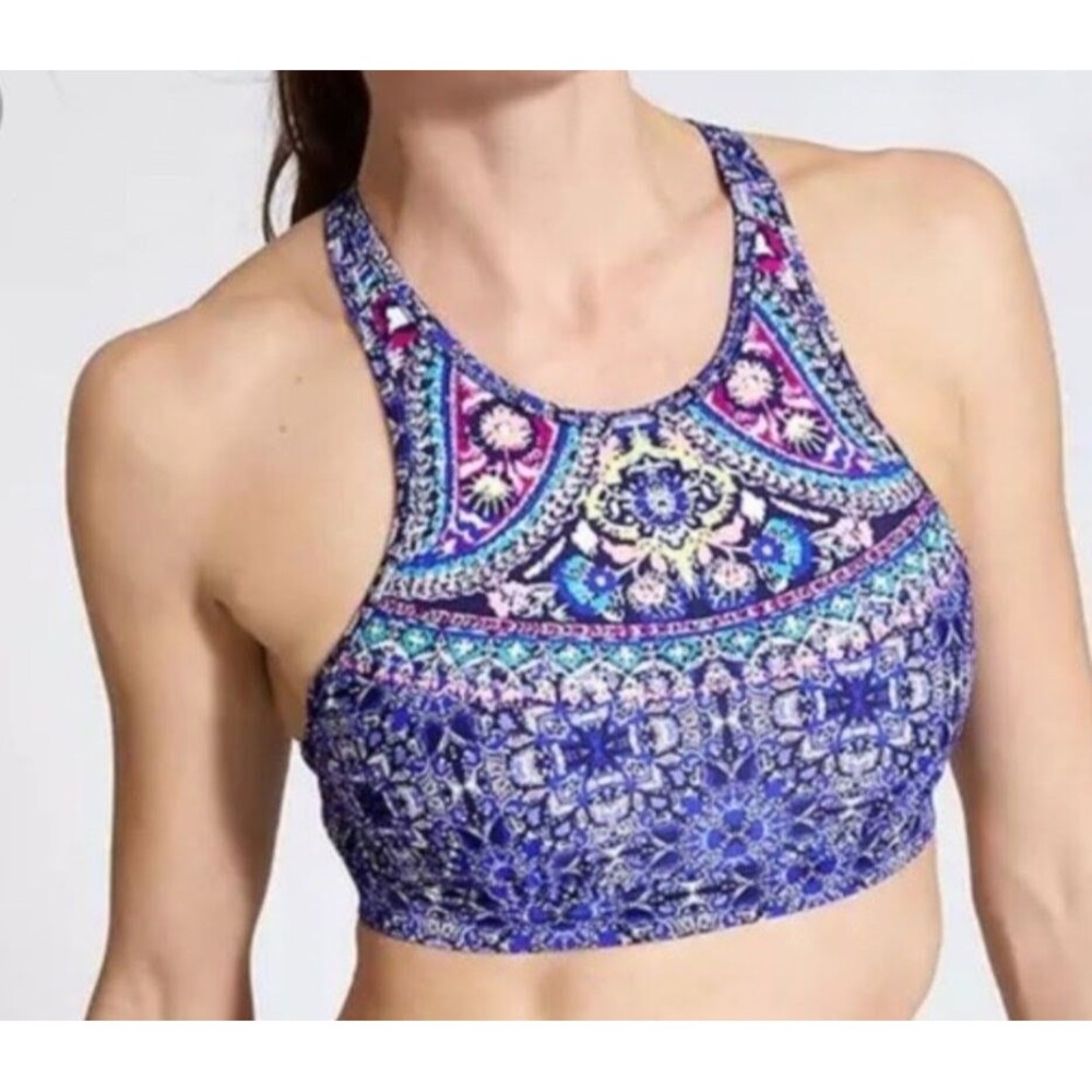 Athleta Size 32D/DD Blue Baja Bra High Neck Bikini Top Criss Cross Underwire